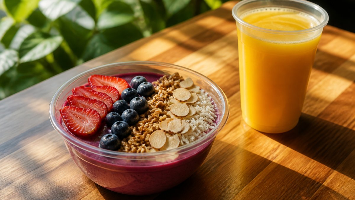 Infographic illustrating how natural sweeteners energy impacts snack combinations with a colorful smoothie bowl