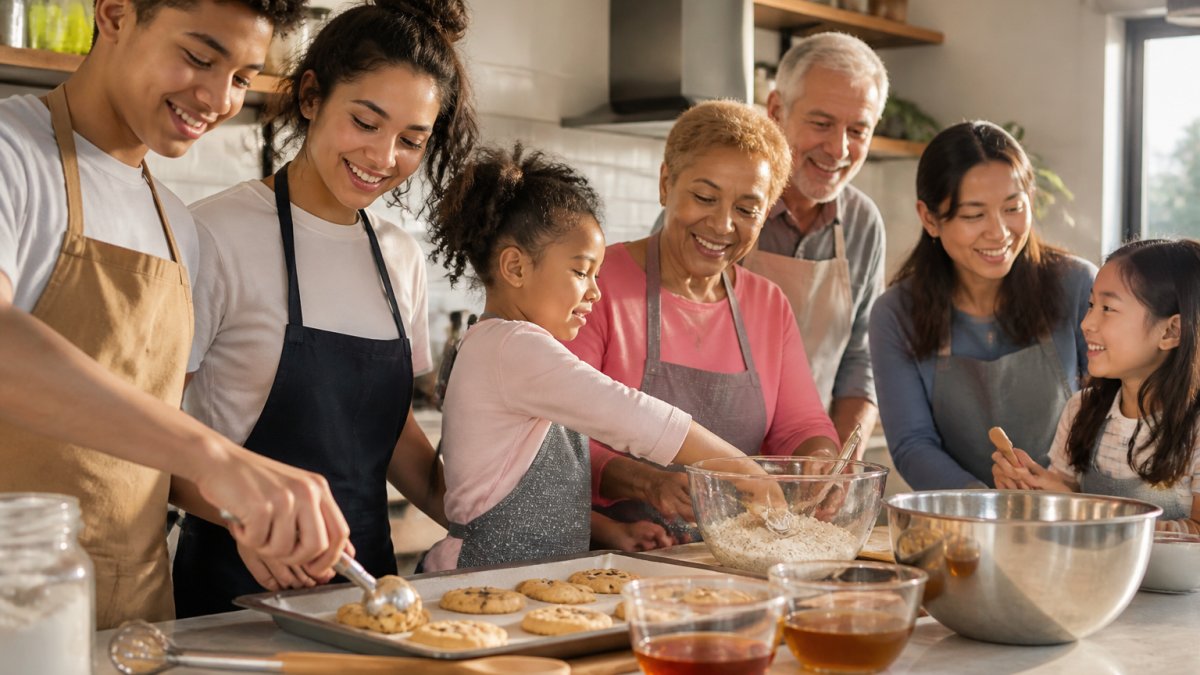 A diverse multigenerational family in a bright home kitchen baking cookies together, with bowls of honey, coconut sugar, and maple syrup visible on the counter, including Black, white, and other ethnicities, mixed ages from children to grandparents, smiling and enjoying the baking process