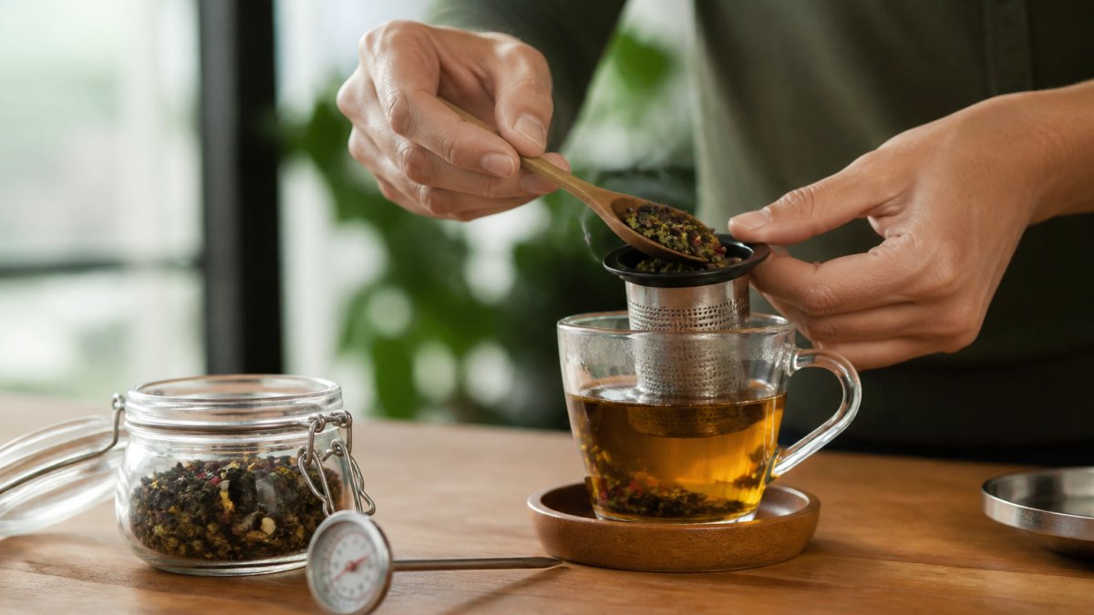 Close-up of loose leaf tea steeping in a clear glass cup with hot water, steam rising gently, with a metal infuser basket and thermometer on a wooden surface