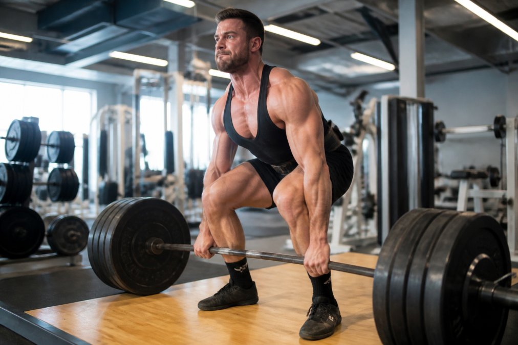Professional male athlete performing heavy deadlift with proper form and intensity in modern gym setting with natural lighting
