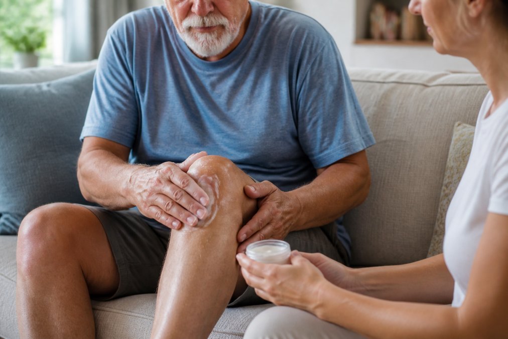 Hands gently massaging natural cream onto an older adult's knee for pain relief while seated on a sofa