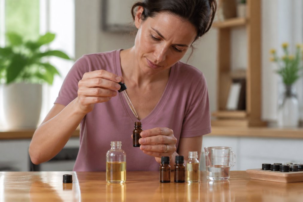Parent carefully diluting essential oil in a carrier oil with a dropper, showing proper measurement and safety preparation on a clean surface