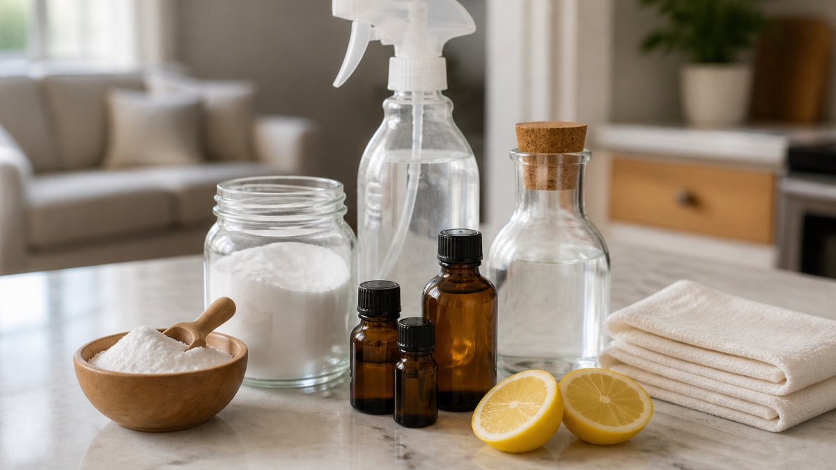 Baking soda, vinegar, and oils used for natural upholstery cleaning sensitive skin on a white counter
