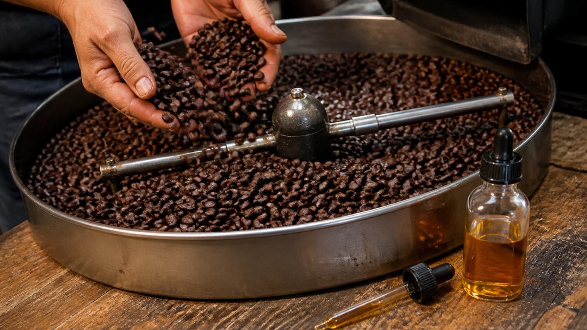 Close-up of dark roasted coffee beans in a metal cooling tray being gently tossed by hand, with a small glass bottle of amber flavoring oil and a dropper resting beside the tray on a wooden workbench
