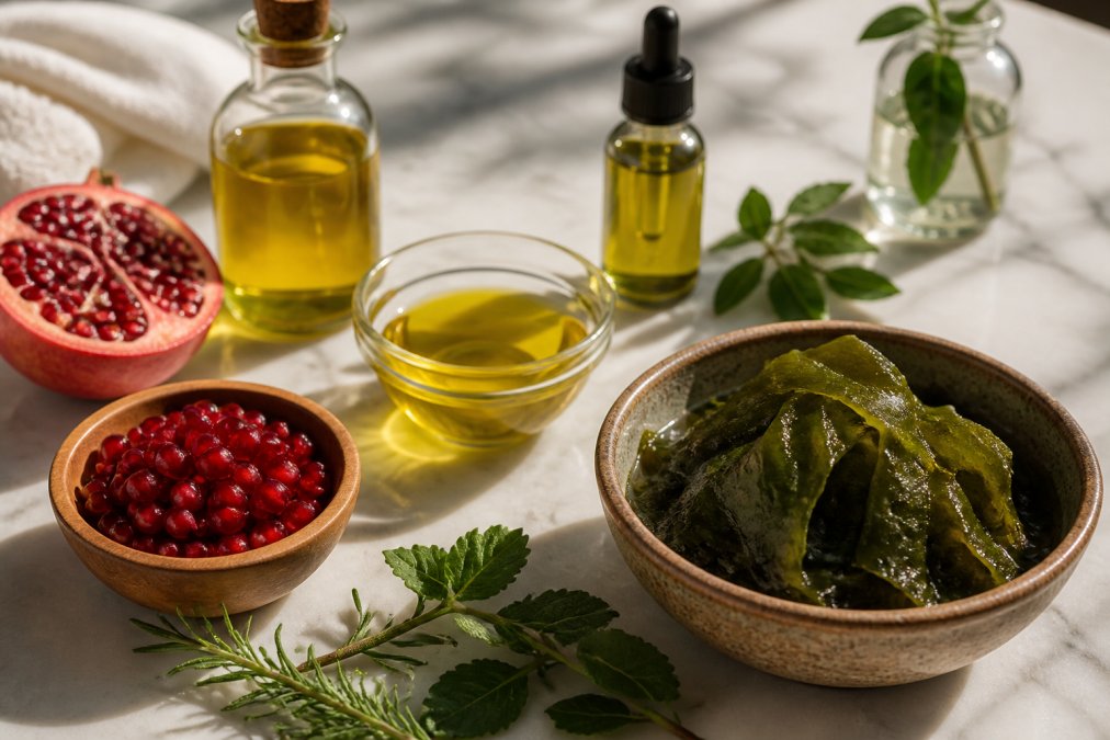 Close-up arrangement of natural skincare ingredients including fresh seaweed, pomegranate seeds, botanical oils, and plant extracts on a light marble surface with soft natural daylight