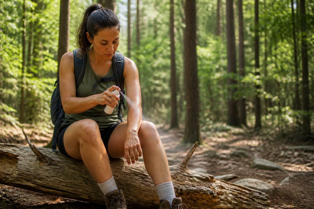 Person applying insect repellent spray to their arm and leg before heading into a wooded hiking trail, with trees visible in the background