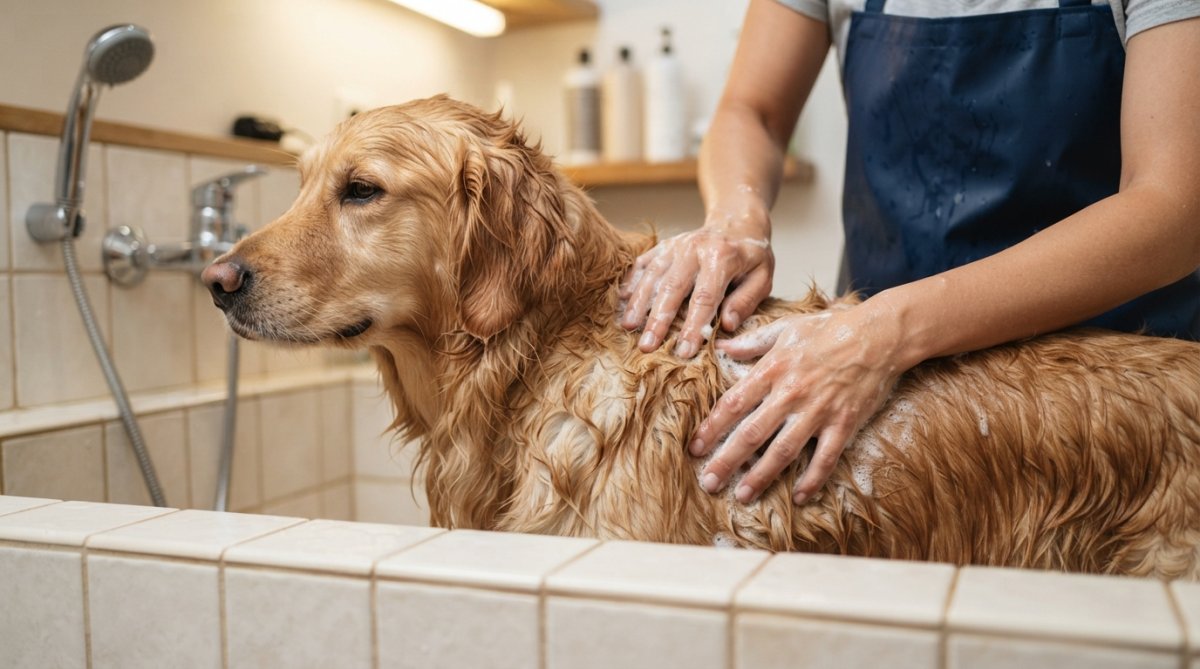 Close-up of a golden retriever's wet coat during bathing, showing healthy fur with natural shine under warm studio lighting, a person's hands gently massaging the shampoo into the dog's fur