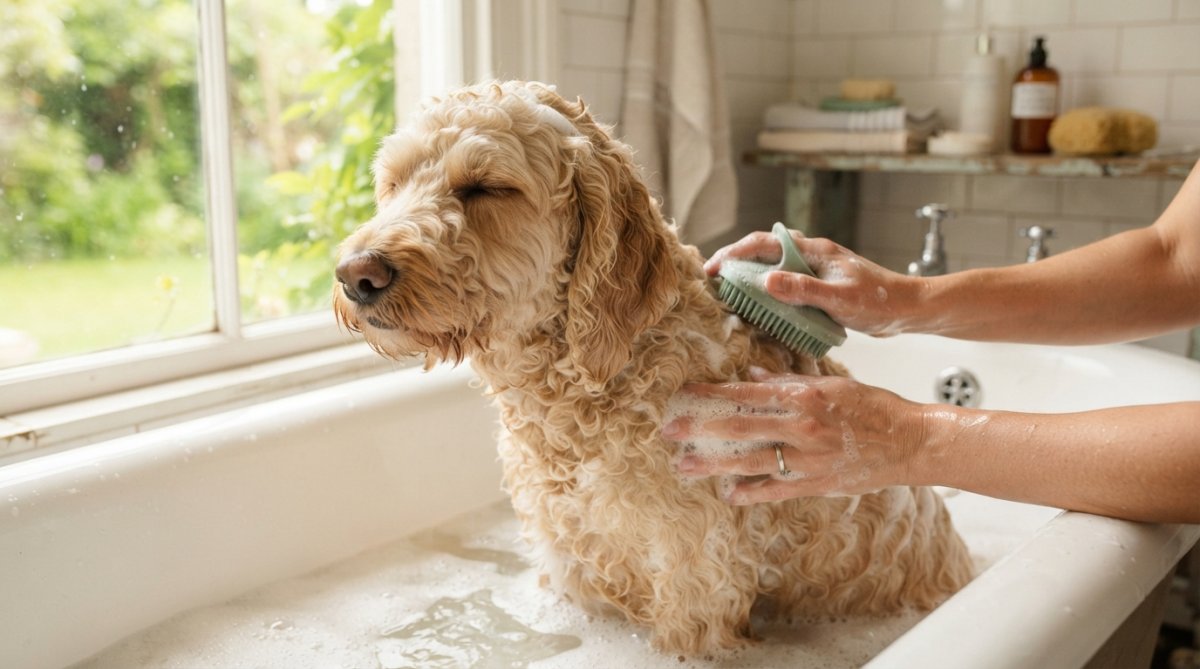 A calm golden doodle with eyes closed during a gentle bath, person's hands applying natural shampoo with a soft brush, warm natural light from a window creating a peaceful grooming scene