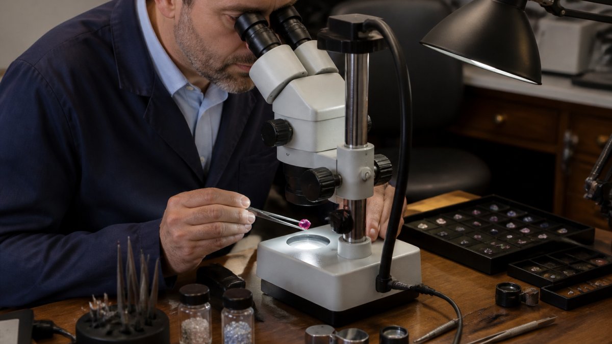 Professional gemologist examining a colored gemstone under a microscope with specialized gemological lighting equipment and testing tools visible on the workbench