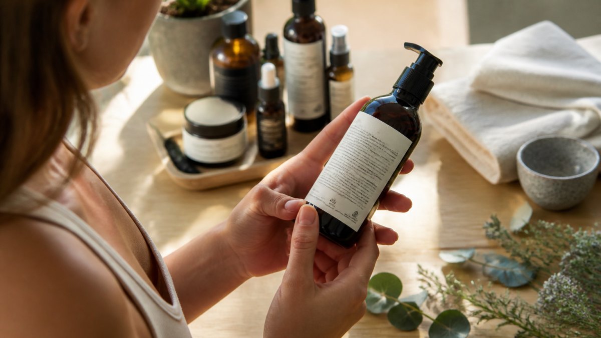 Close-up of a woman's hands holding a skincare bottle, turning it to read the ingredient list and certification logo on the back label in soft natural light