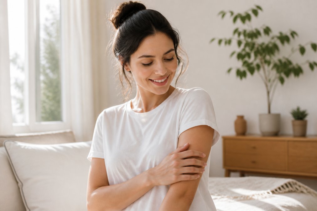 Woman wearing a soft natural cotton t-shirt, gently touching her arm to show comfort and softness against skin, in a bright home setting with natural window lighting