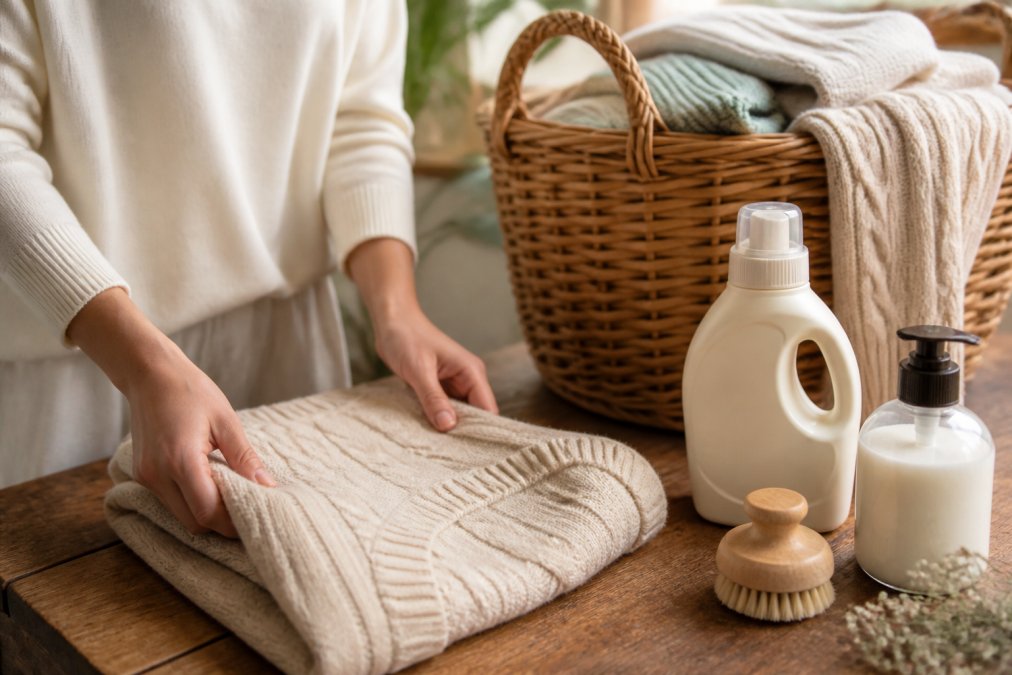Close-up of hands carefully folding a delicate natural fiber garment, with a wicker laundry basket and gentle care items like wool wash and fabric softener visible in soft, warm lighting