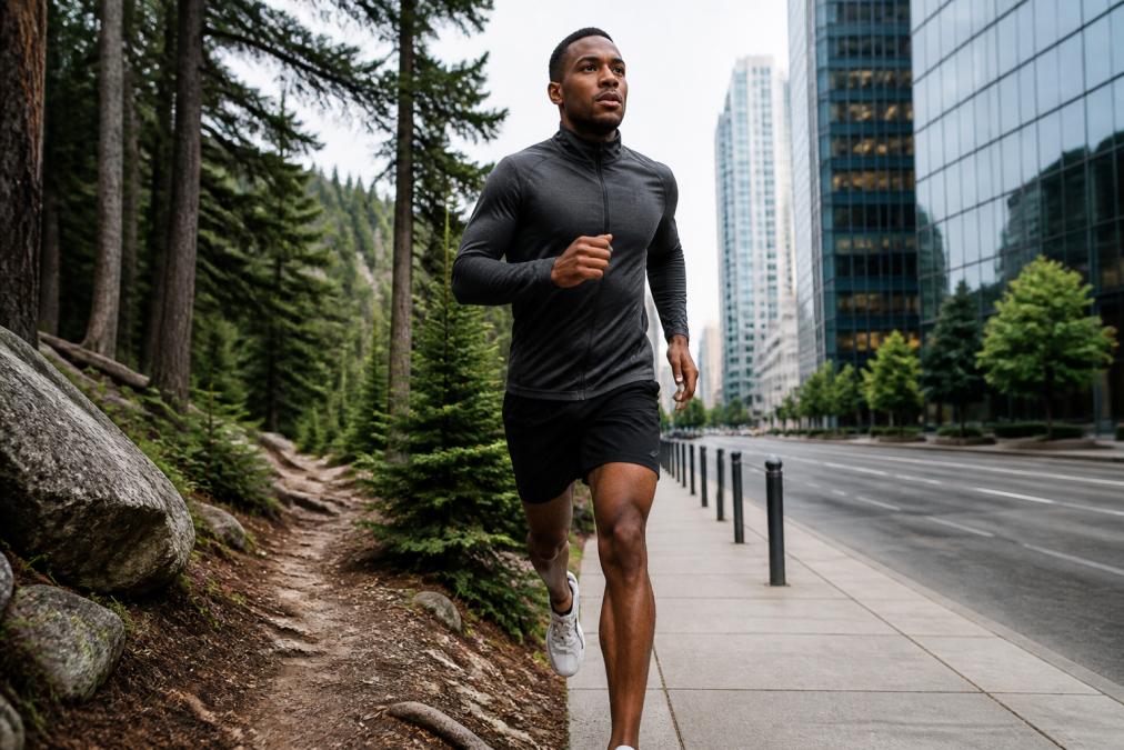 Active person wearing performance apparel transitioning from a mountain trail with evergreen forest canopy to an urban street with modern buildings, demonstrating real-world multi-environment clothing use in natural daylight