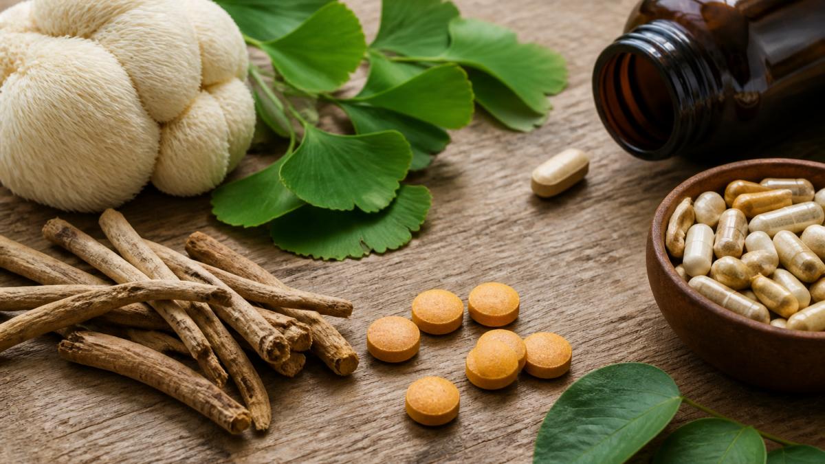 Close-up of natural ingredients including Lion's Mane mushroom, ginkgo biloba leaves, ashwagandha root, and B vitamins arranged on a wooden surface next to a supplement bottle and tablet in natural lighting