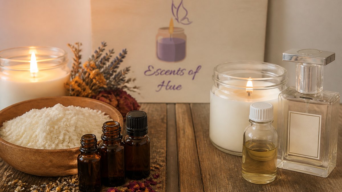 Close-up of natural soy wax with essential oil bottles and dried botanicals arranged on a wooden surface, warm candlelight glowing in the background