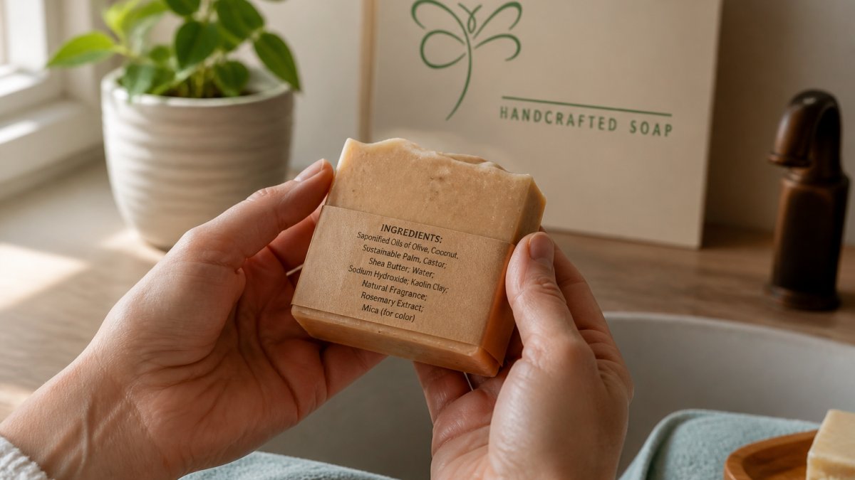 Close-up of a person's hands turning a handcrafted bar of soap in a warm bathroom, with the paper ingredient label visible, soft natural window light