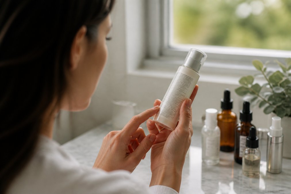 Close-up of a woman's hands holding a skincare bottle up to a window, reading the ingredient list on the back label in soft natural light, with other serum bottles blurred on a bathroom counter behind her