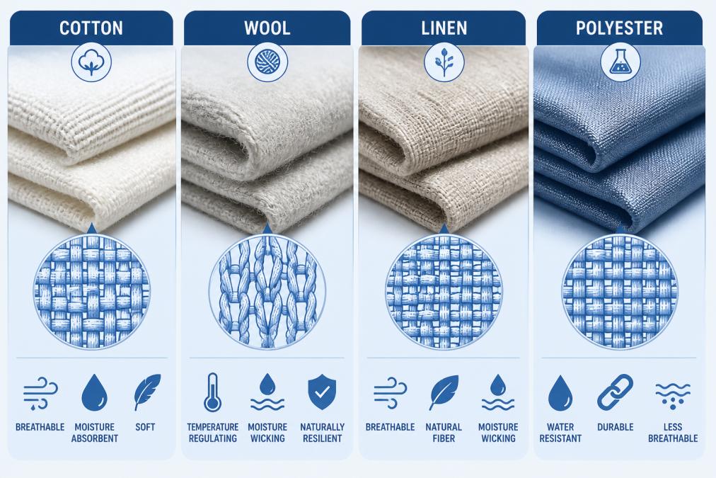 Close-up of folded fabric swatches showing texture differences between cotton, wool, linen, and polyester arranged side by side to display weave structure and surface characteristics