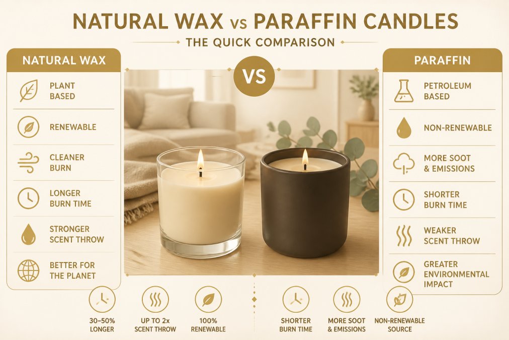 Two lit candles side by side on a pale oak table in a bright living room: one in a clear glass vessel with an even, clean melt pool, the other in a dark ceramic jar, with a linen throw and a sprig of eucalyptus softly out of focus behind them