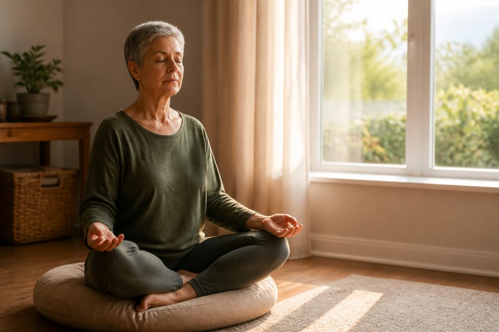 A person sitting comfortably on a cushion at home, eyes closed, with a calm expression, hands resting on knees, soft morning light coming through a window