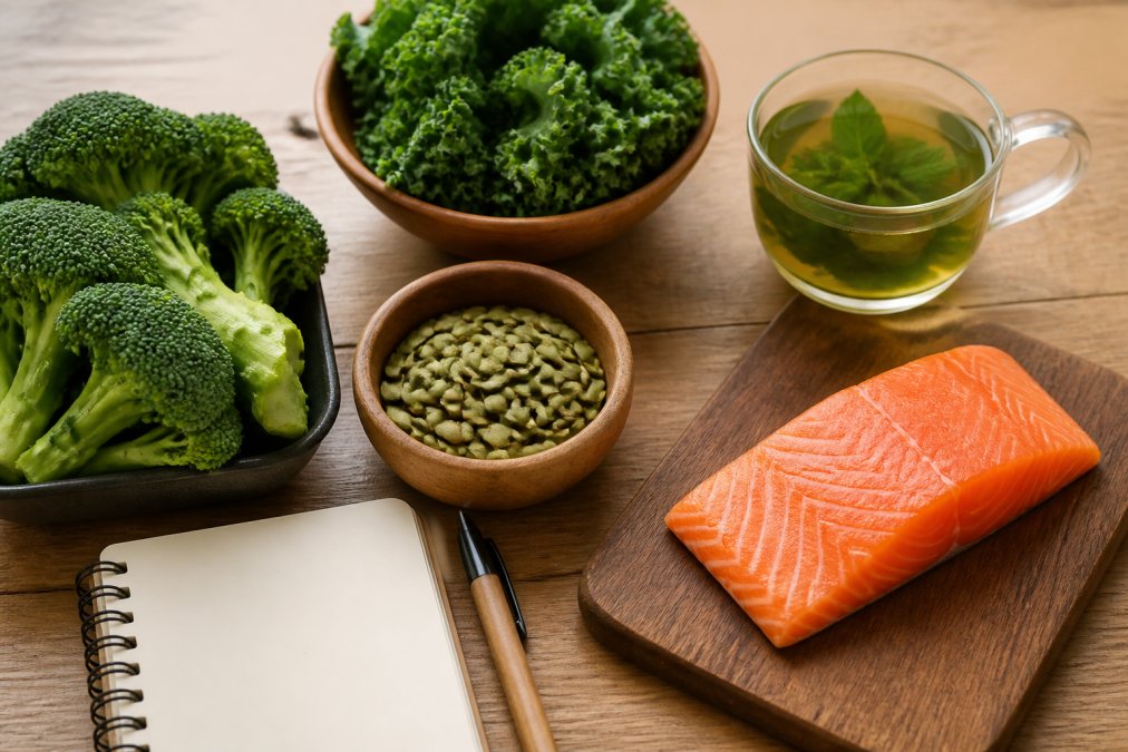 A flat-lay photograph of hormone-supporting foods on a light wooden table: cruciferous vegetables including broccoli and kale, a bowl of pumpkin seeds, a salmon fillet, and a glass of spearmint tea, with a small notebook and pen nearby for meal planning