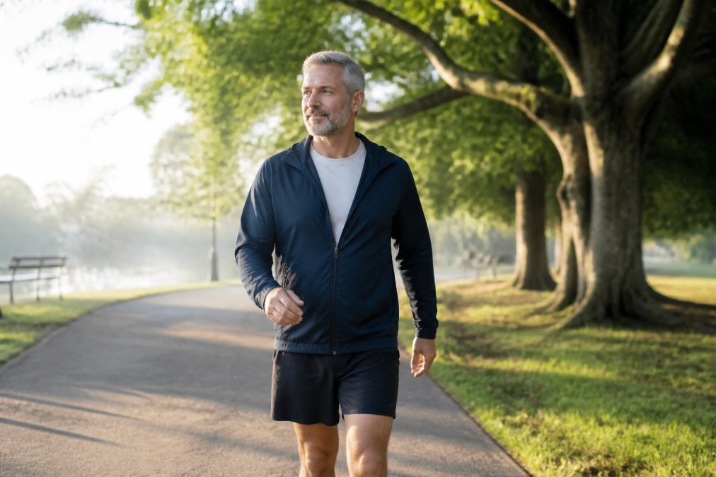 A man in his 50s walking on a tree-lined path, feeling energized to boost confidence in bed.