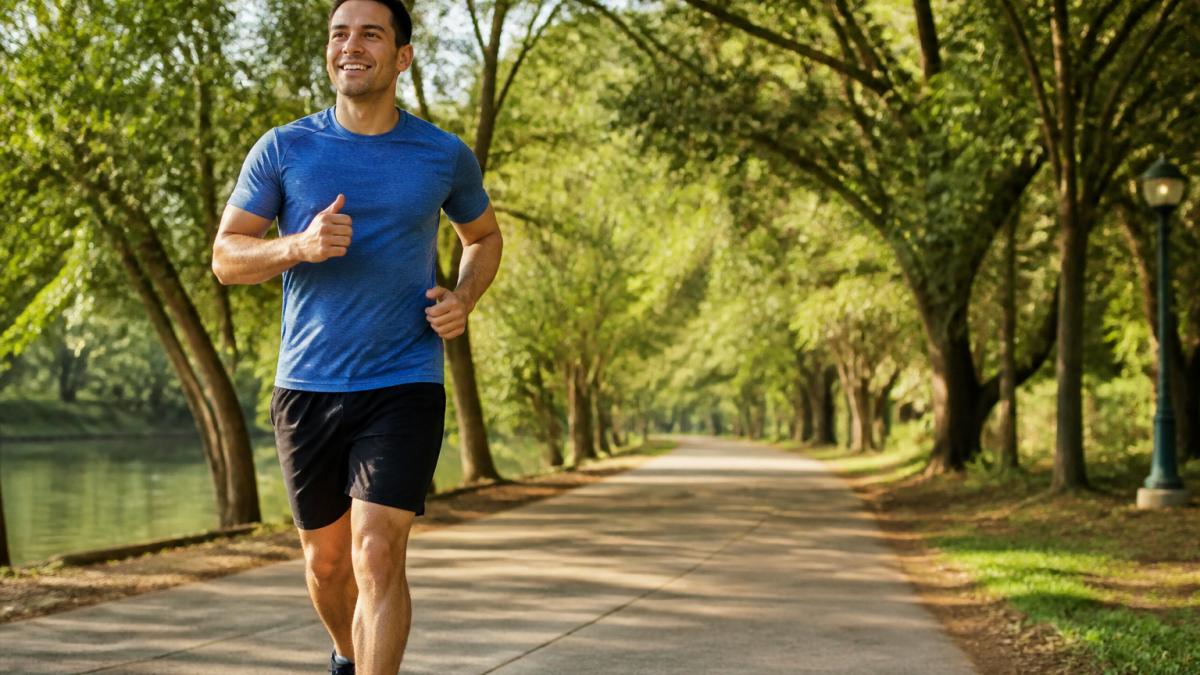 Person jogging on a tree-lined path in the sunlight as one of the natural ways to boost energy levels daily.