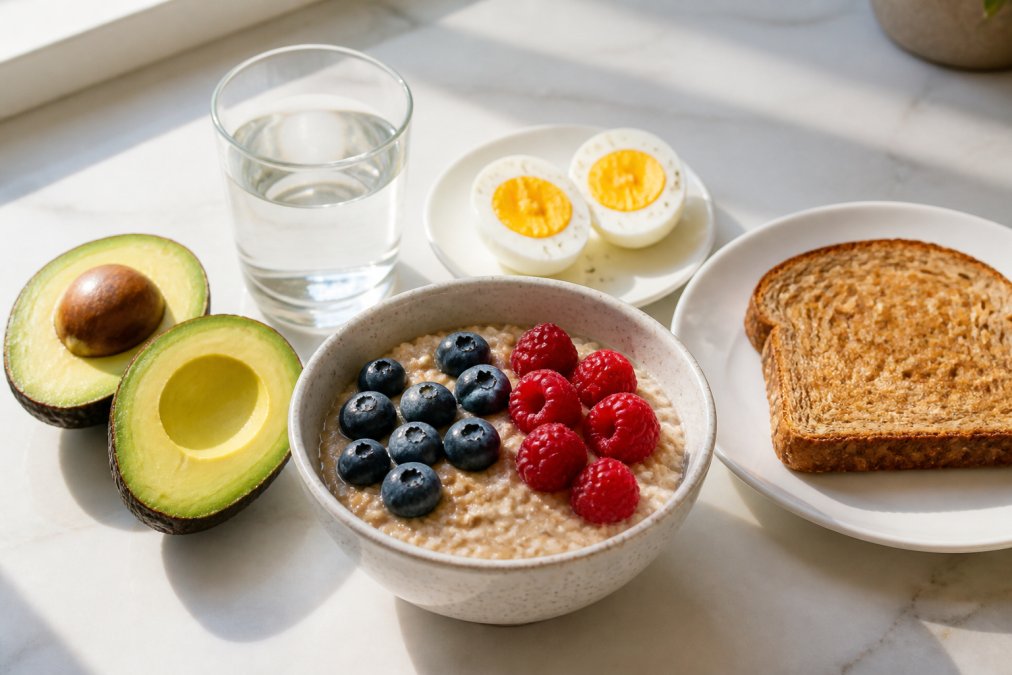 A vibrant flat-lay of nutrient-dense energy foods: a bowl of oats topped with fresh blueberries and raspberries, sliced avocado, a hard-boiled egg, whole grain toast, and a glass of water arranged on a bright white kitchen counter in natural morning light
