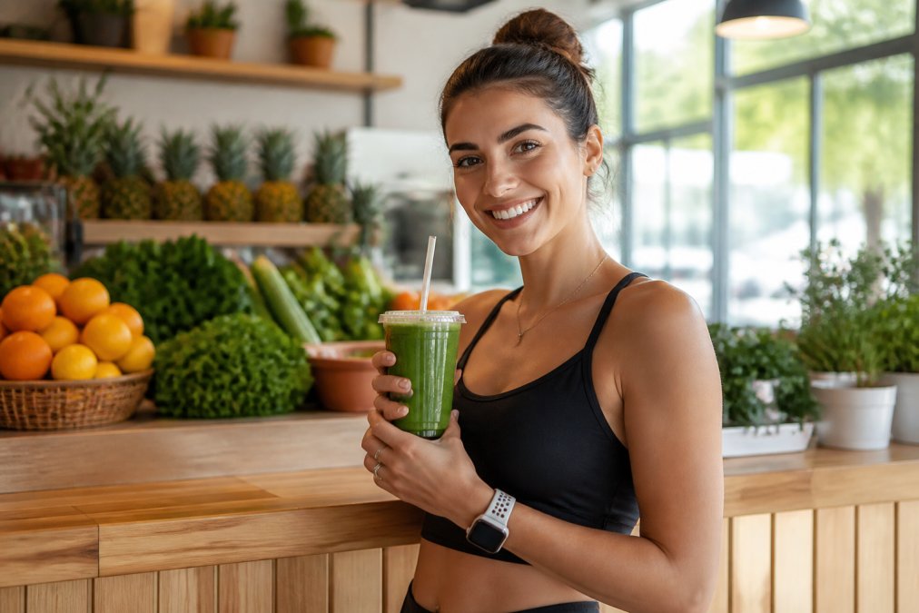 A health-conscious woman smiling and holding a fresh green smoothie in a clear cup at a bright modern juice bar counter, with colorful fresh fruits and leafy vegetables visible in the background and warm natural light coming through large windows