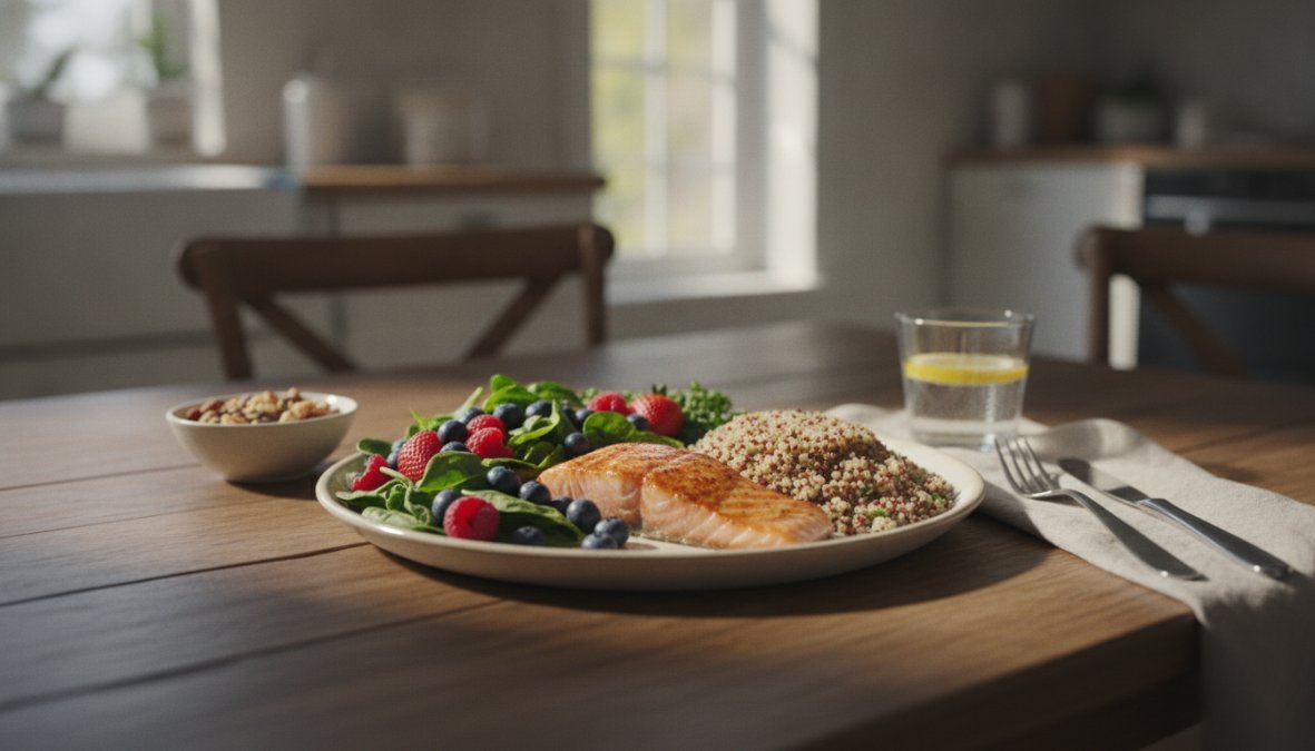 Colorful plate of whole foods including grilled salmon, quinoa, leafy greens, and fresh berries arranged on a wooden table with natural sunlight