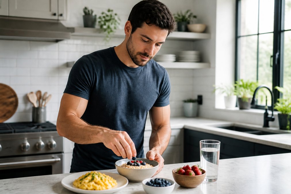 Man in his 30s preparing a balanced breakfast of eggs, oatmeal, and berries to boost energy in a bright kitchen