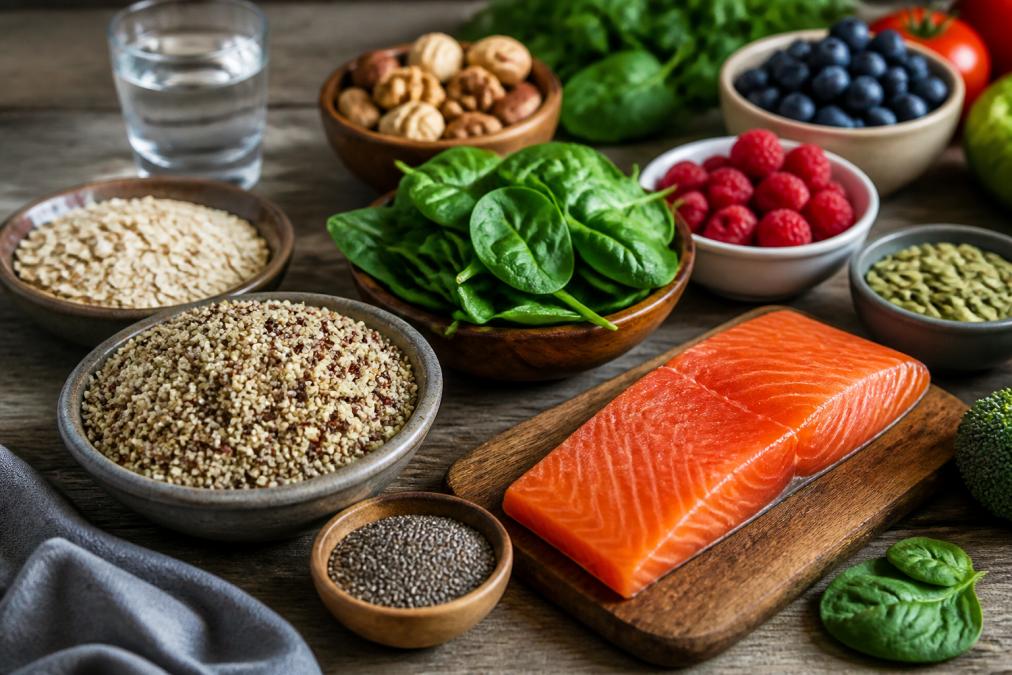 A colorful spread of whole foods on a wooden table: salmon, leafy greens, nuts, berries, and whole grains, with a glass of water nearby, natural daylight