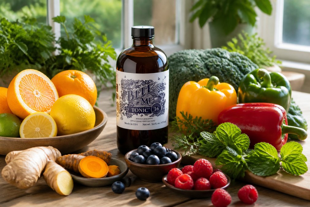 Colorful array of fresh immune-supporting foods arranged on a wooden table in natural sunlight: citrus fruits, bell peppers, ginger root, turmeric, leafy greens, berries, and fresh herbs displayed naturally