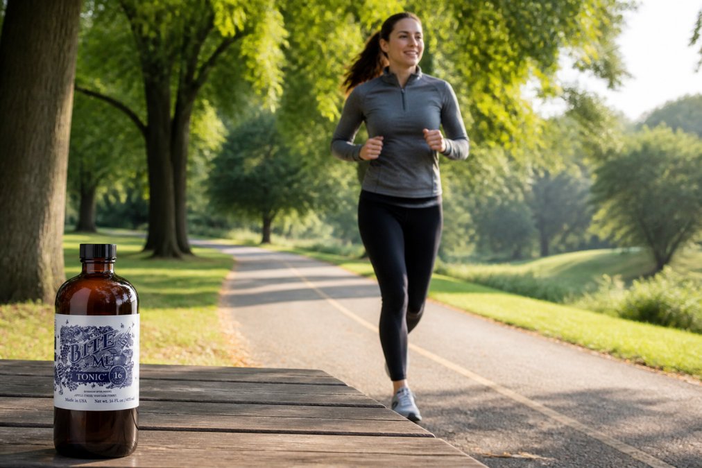 Person jogging outdoors in morning sunlight through a tree-lined park, showing natural movement and fresh air exposure with trees and green landscape in background