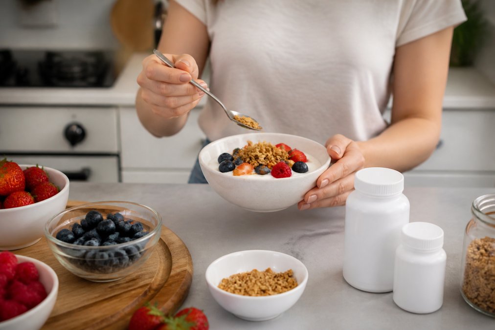 A person preparing a bowl of yogurt topped with fresh blueberries, sliced strawberries, and granola on a clean white kitchen counter, with two probiotic supplement bottles placed nearby in soft natural morning light