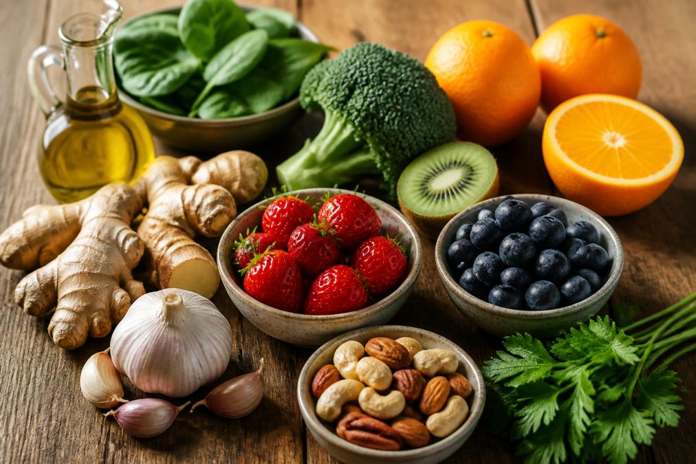 Colorful array of immune-supporting foods arranged on a wooden table in natural daylight: citrus fruits, leafy greens, berries, fresh ginger root, garlic cloves, mixed nuts, and olive oil