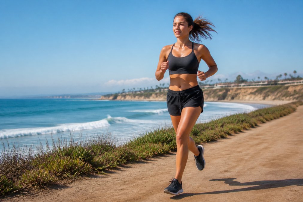 Active individual exercising outdoors in a coastal setting with natural sunlight, showing moderate physical exertion and dynamic movement