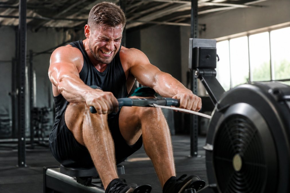 Athletic adult performing high-intensity interval training on rowing machine in modern gym, sweat visible, intense facial expression, bright studio lighting