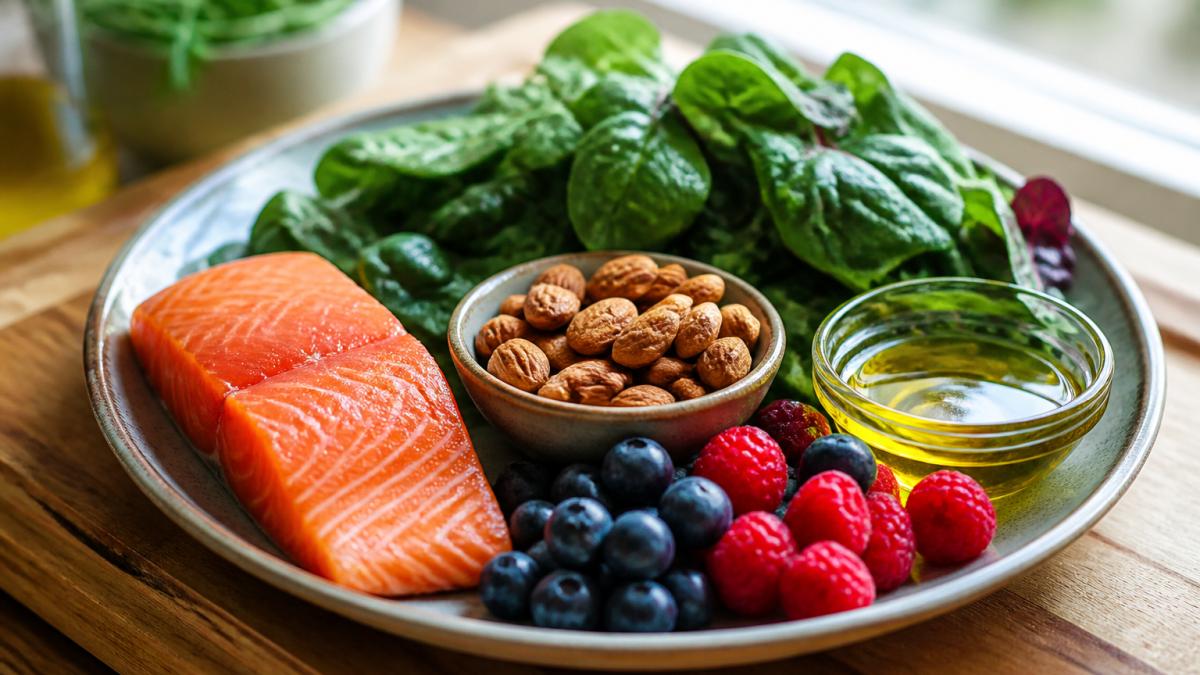 Close-up of a colorful plate with wild salmon, fresh leafy greens, mixed berries, raw almonds, and olive oil arranged on a wooden cutting board with natural window lighting