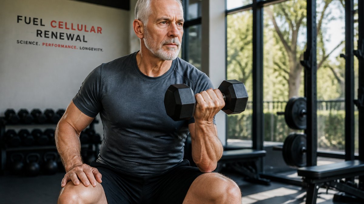Older man performing dumbbell exercises in a bright gym setting, demonstrating controlled form with focus on proper posture and movement