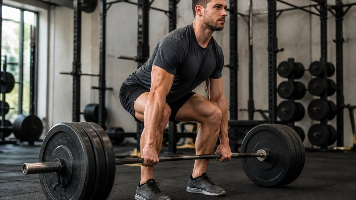 Man performing a deadlift in a gym with proper form, weights loaded on barbell, focused expression and determination