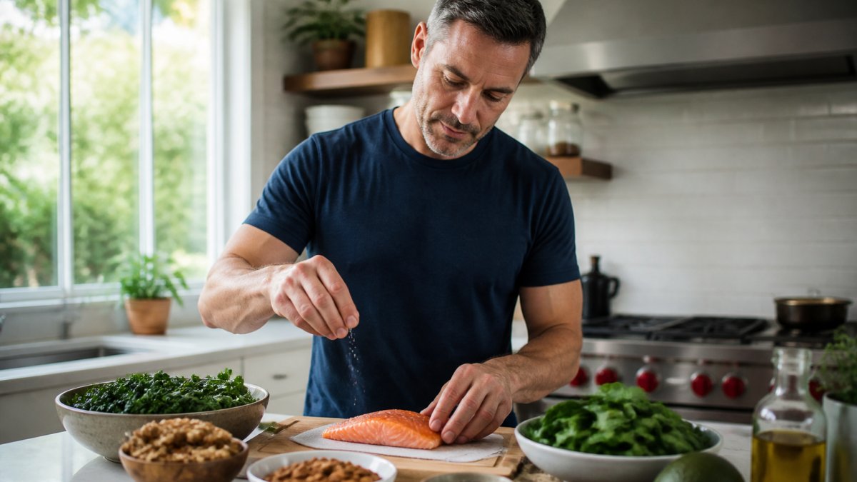 A man in his 40s preparing a healthy meal with salmon, leafy greens, and nuts in a bright kitchen, looking focused and energetic