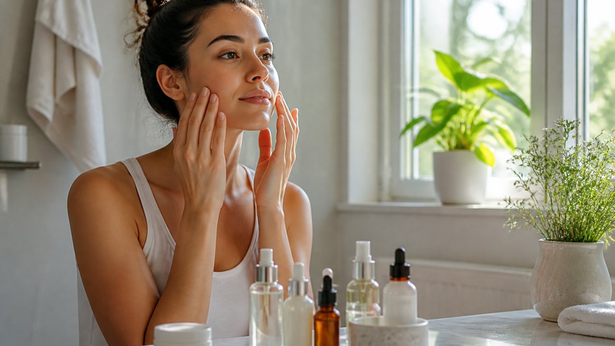 Woman applying facial serum to her face in a bright bathroom with skincare bottles on a marble counter