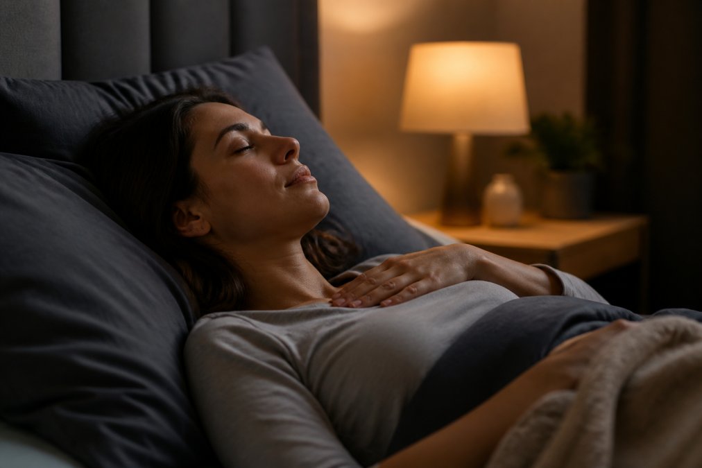 Person lying in a dark room with eyes closed, practicing deep breathing to calm racing thoughts.