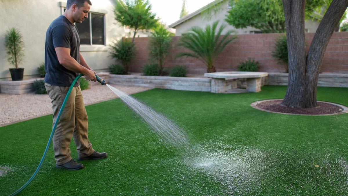 Homeowner using a garden hose to rinse and deodorize artificial grass in a backyard to remove pet odors