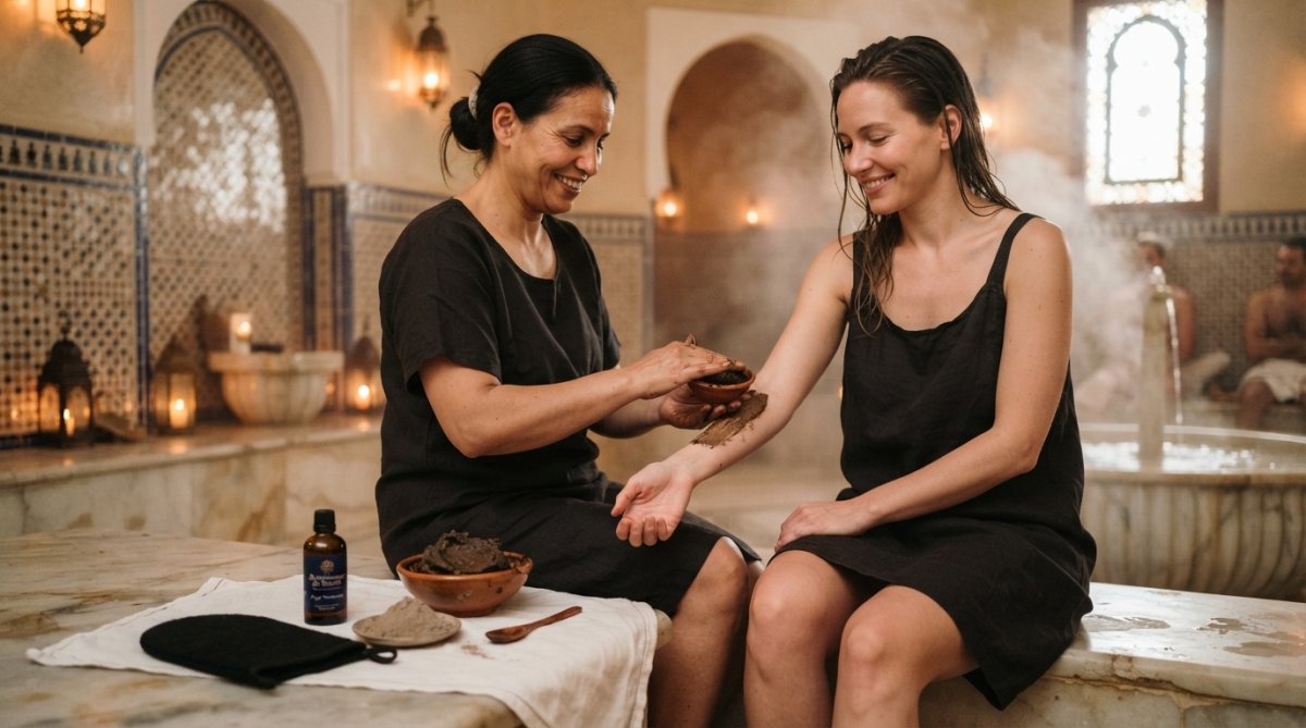 A warm, candlelit spa setting with a marble surface holding a bowl of dark Beldi Black Soap, a small pile of ghassoul clay powder, and a kessa exfoliating mitt, arranged on a white linen cloth with soft amber light and wisps of steam in the background