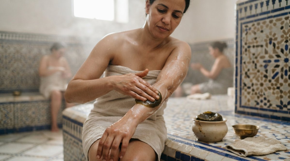 Close-up of a woman's hands gently massaging dark olive-colored Beldi Black Soap onto her forearm, with soft steam visible in the background suggesting a warm shower, hands illuminated by warm natural light