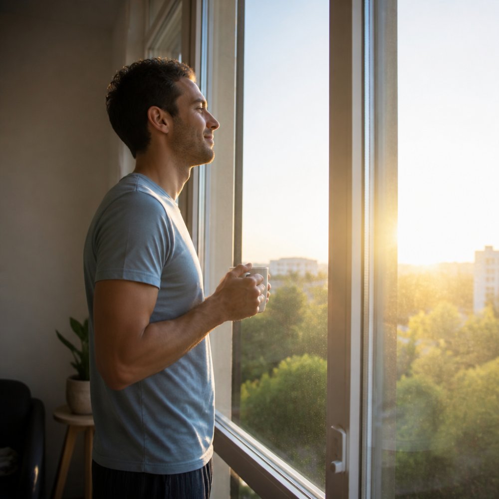 A person standing by a large window in the early morning, holding a cup of coffee and looking out at bright sunlight, with a calm and refreshed expression