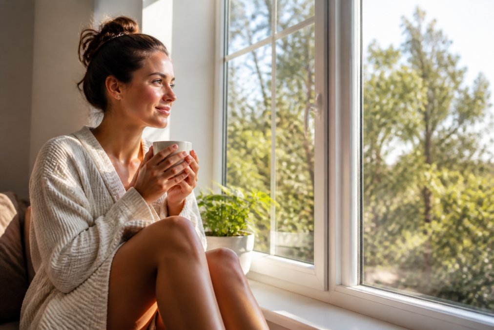 Person sitting by a bright window with natural sunlight streaming in during early morning, holding a warm beverage, appearing alert and refreshed with clear facial expression