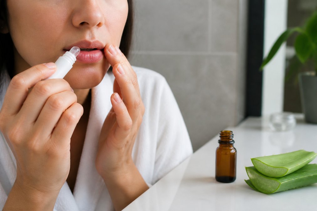 Close-up of a person's hand applying a small amount of clear gel from a tube onto their lip area, with aloe vera leaves and a small amber essential oil bottle visible on a white countertop nearby